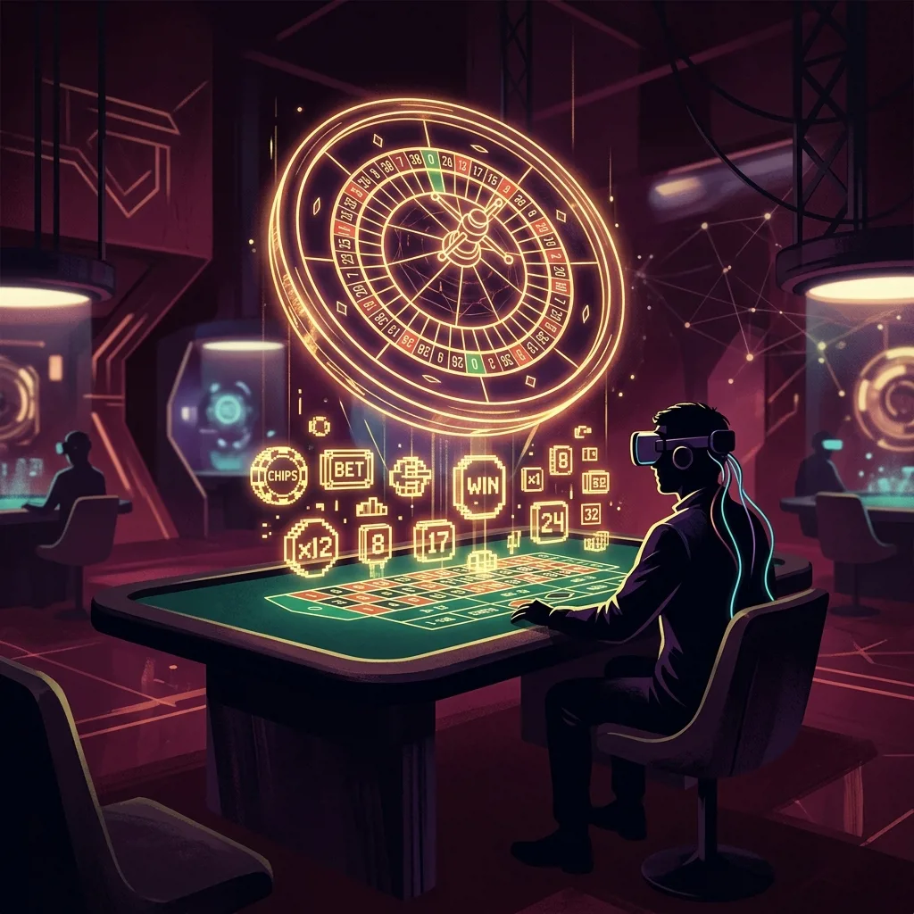 Игрок в VR-шлеме за столом виртуального казино